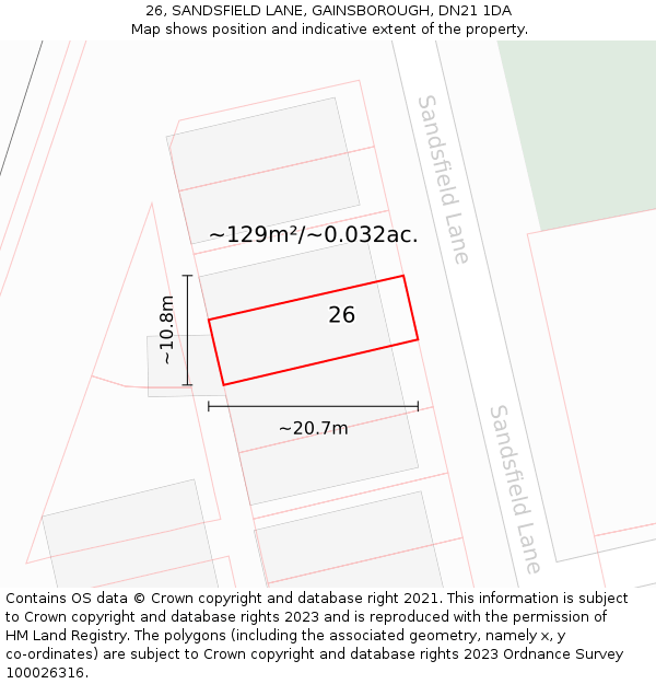 26, SANDSFIELD LANE, GAINSBOROUGH, DN21 1DA: Plot and title map