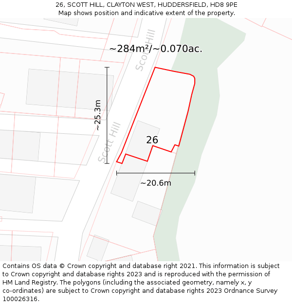 26, SCOTT HILL, CLAYTON WEST, HUDDERSFIELD, HD8 9PE: Plot and title map