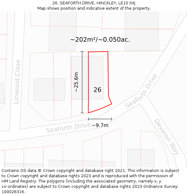 26, SEAFORTH DRIVE, HINCKLEY, LE10 0XJ: Plot and title map