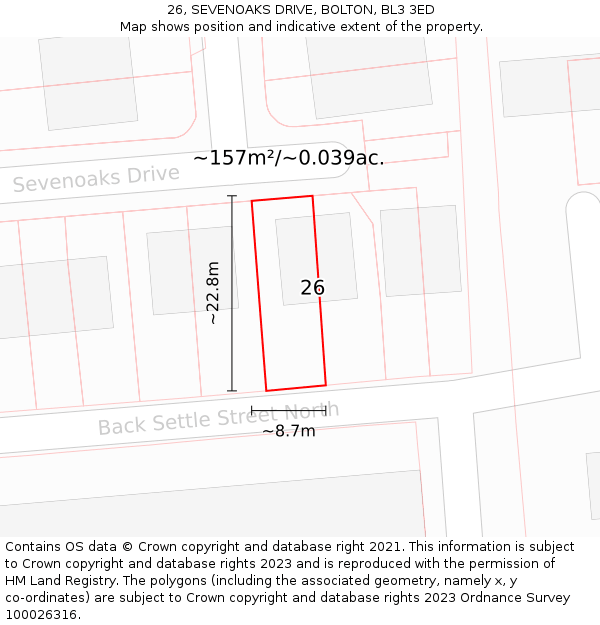 26, SEVENOAKS DRIVE, BOLTON, BL3 3ED: Plot and title map