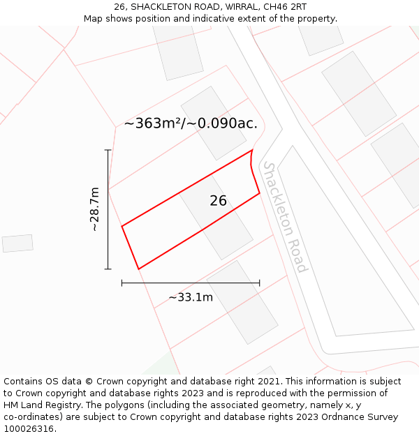 26, SHACKLETON ROAD, WIRRAL, CH46 2RT: Plot and title map