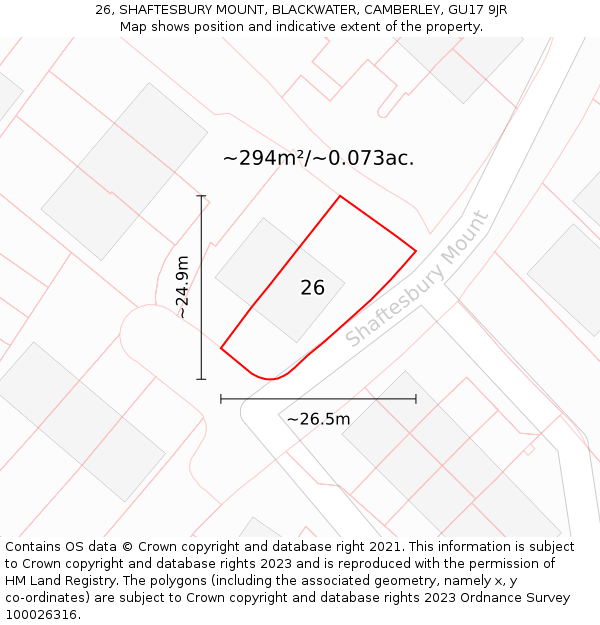 26, SHAFTESBURY MOUNT, BLACKWATER, CAMBERLEY, GU17 9JR: Plot and title map