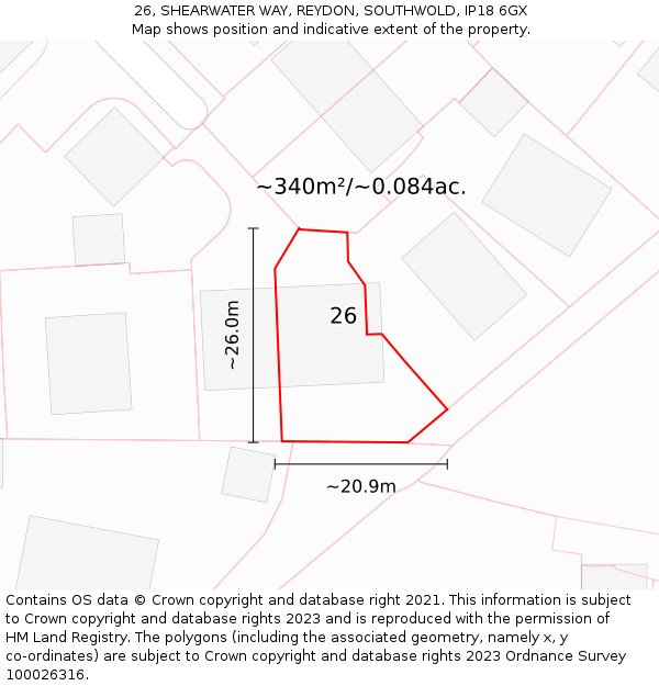 26, SHEARWATER WAY, REYDON, SOUTHWOLD, IP18 6GX: Plot and title map