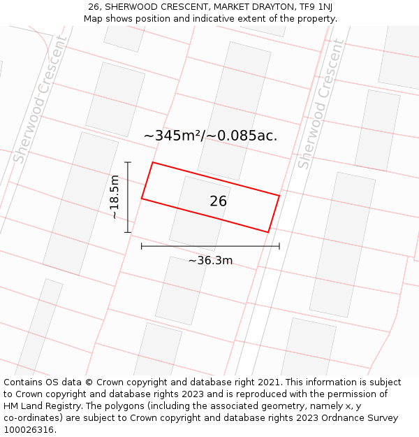 26, SHERWOOD CRESCENT, MARKET DRAYTON, TF9 1NJ: Plot and title map