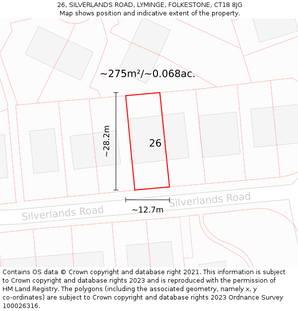 26, SILVERLANDS ROAD, LYMINGE, FOLKESTONE, CT18 8JG: Plot and title map