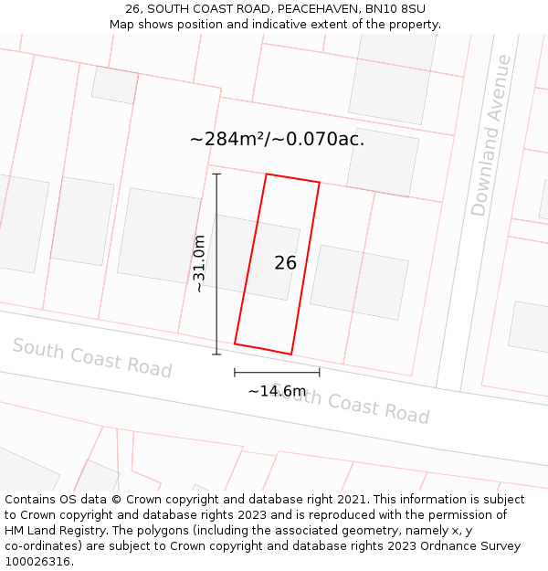 26, SOUTH COAST ROAD, PEACEHAVEN, BN10 8SU: Plot and title map