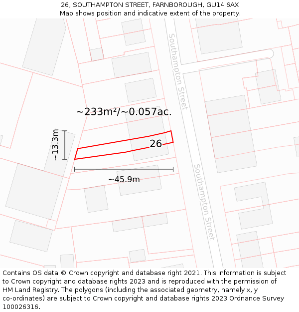 26, SOUTHAMPTON STREET, FARNBOROUGH, GU14 6AX: Plot and title map