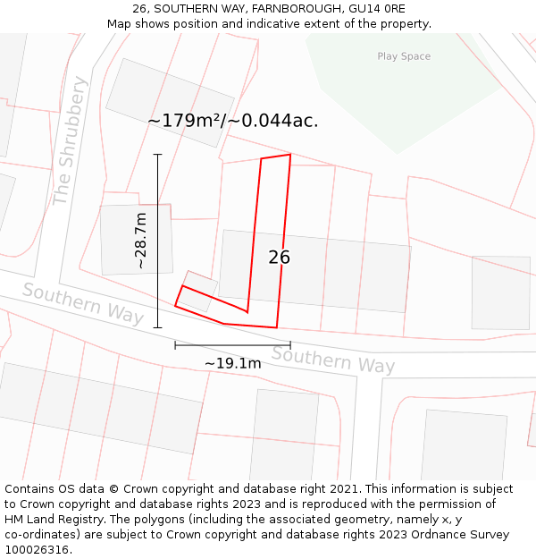 26, SOUTHERN WAY, FARNBOROUGH, GU14 0RE: Plot and title map