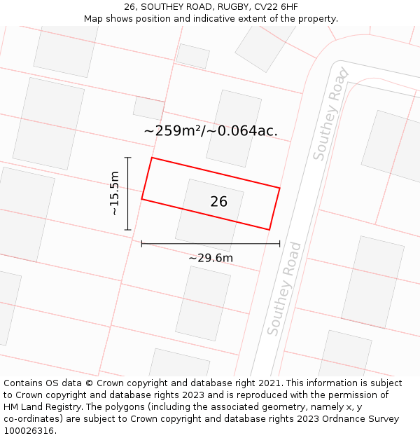 26, SOUTHEY ROAD, RUGBY, CV22 6HF: Plot and title map