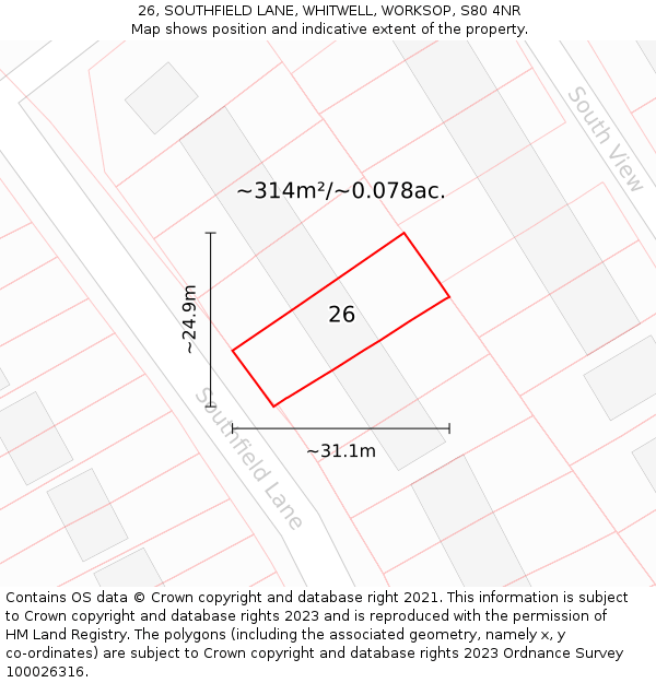 26, SOUTHFIELD LANE, WHITWELL, WORKSOP, S80 4NR: Plot and title map