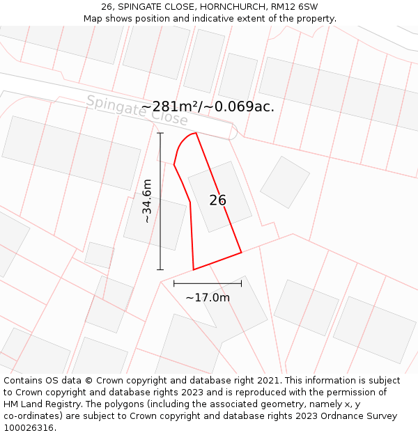 26, SPINGATE CLOSE, HORNCHURCH, RM12 6SW: Plot and title map