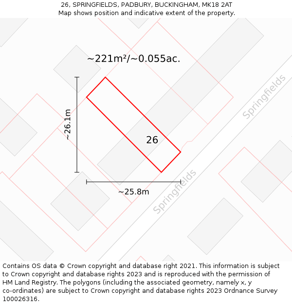 26, SPRINGFIELDS, PADBURY, BUCKINGHAM, MK18 2AT: Plot and title map