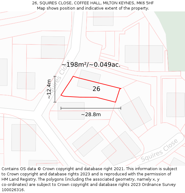 26, SQUIRES CLOSE, COFFEE HALL, MILTON KEYNES, MK6 5HF: Plot and title map