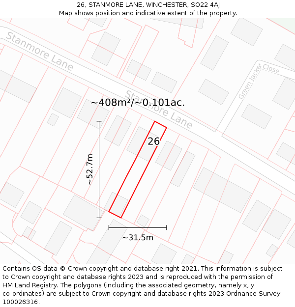 26, STANMORE LANE, WINCHESTER, SO22 4AJ: Plot and title map