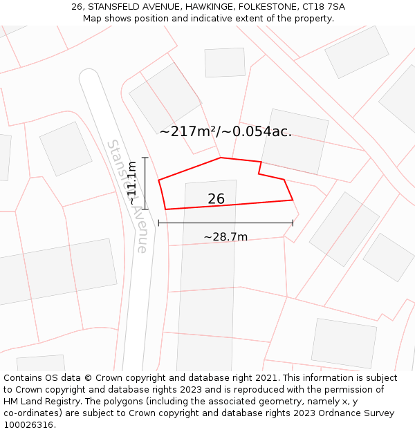 26, STANSFELD AVENUE, HAWKINGE, FOLKESTONE, CT18 7SA: Plot and title map