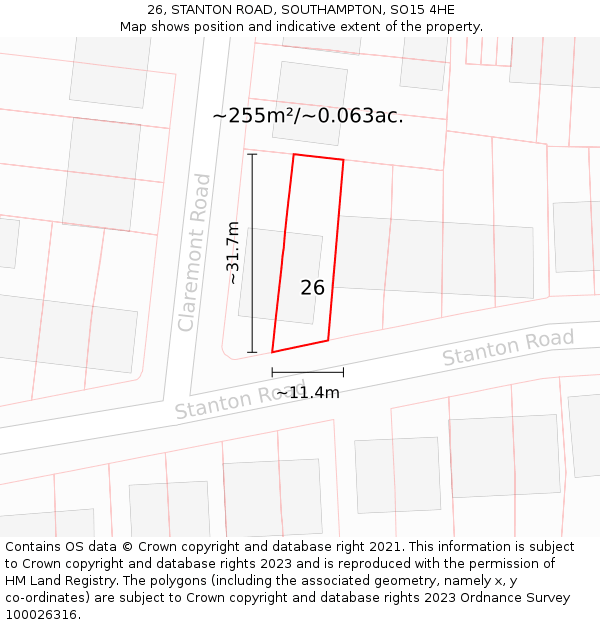 26, STANTON ROAD, SOUTHAMPTON, SO15 4HE: Plot and title map