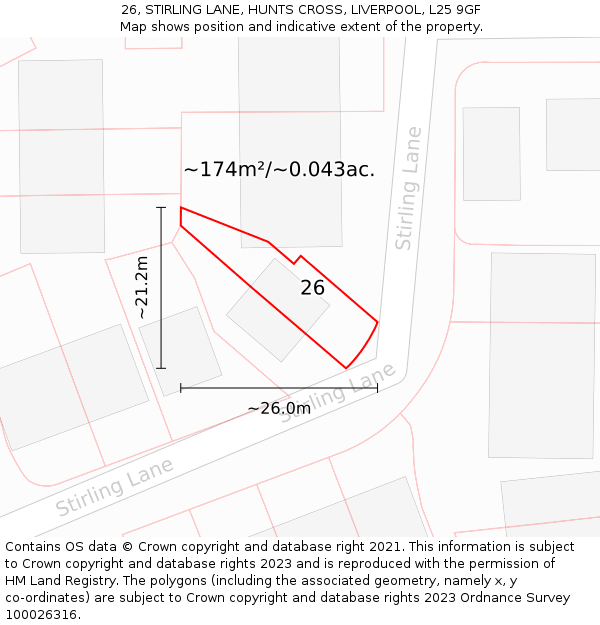 26, STIRLING LANE, HUNTS CROSS, LIVERPOOL, L25 9GF: Plot and title map