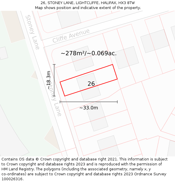 26, STONEY LANE, LIGHTCLIFFE, HALIFAX, HX3 8TW: Plot and title map