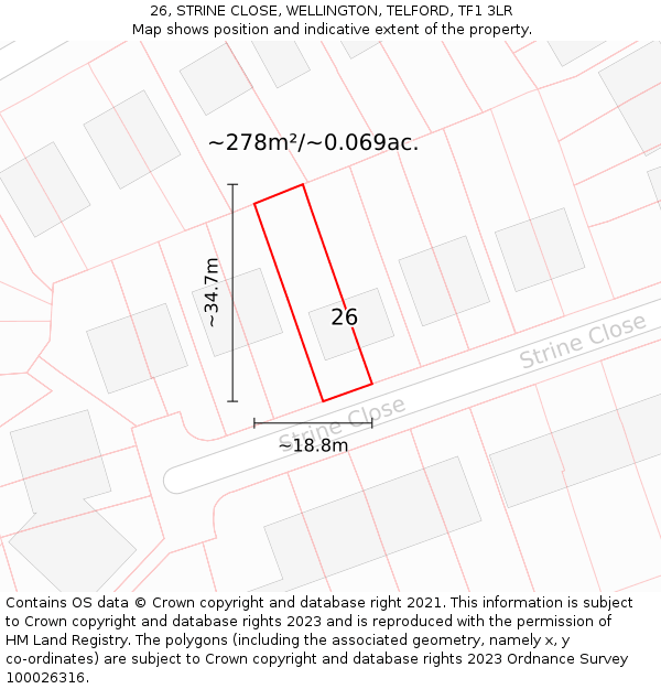 26, STRINE CLOSE, WELLINGTON, TELFORD, TF1 3LR: Plot and title map