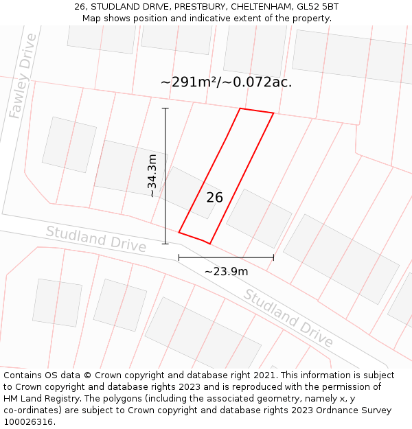 26, STUDLAND DRIVE, PRESTBURY, CHELTENHAM, GL52 5BT: Plot and title map