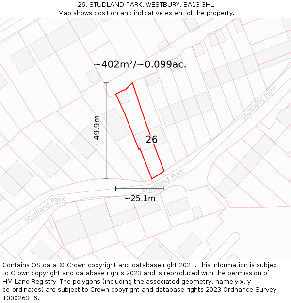 26, STUDLAND PARK, WESTBURY, BA13 3HL: Plot and title map
