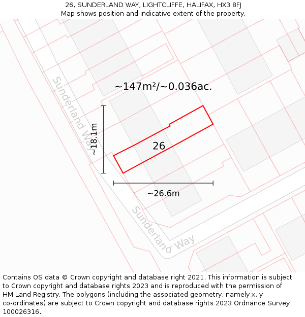 26, SUNDERLAND WAY, LIGHTCLIFFE, HALIFAX, HX3 8FJ: Plot and title map