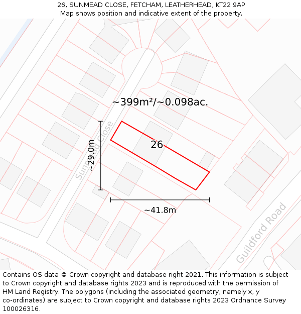 26, SUNMEAD CLOSE, FETCHAM, LEATHERHEAD, KT22 9AP: Plot and title map