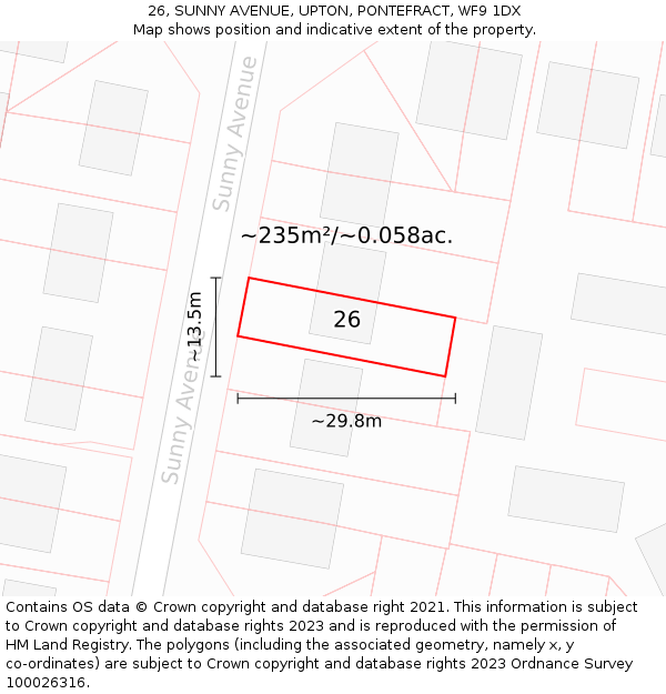 26, SUNNY AVENUE, UPTON, PONTEFRACT, WF9 1DX: Plot and title map