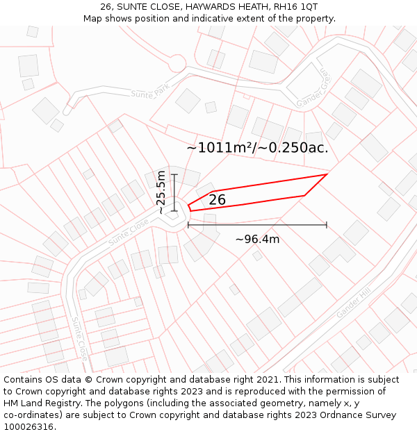 26, SUNTE CLOSE, HAYWARDS HEATH, RH16 1QT: Plot and title map