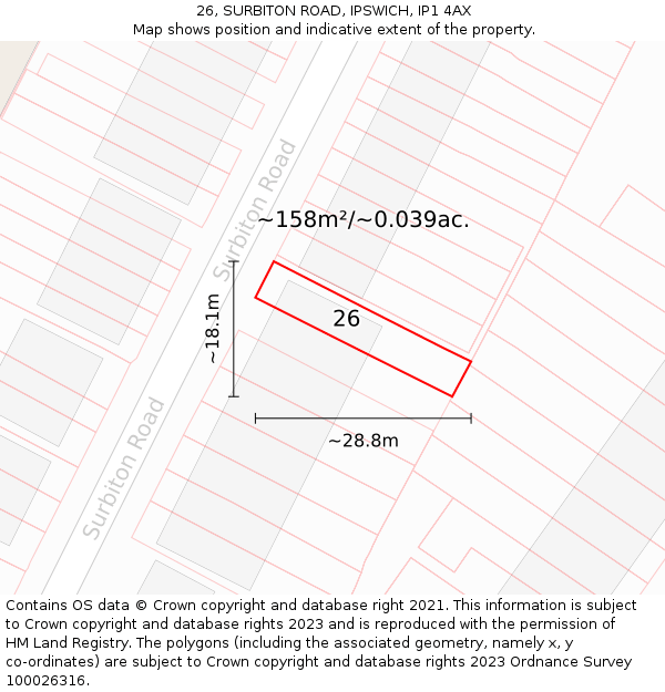 26, SURBITON ROAD, IPSWICH, IP1 4AX: Plot and title map