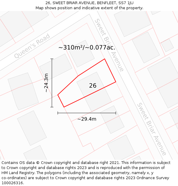 26, SWEET BRIAR AVENUE, BENFLEET, SS7 1JU: Plot and title map