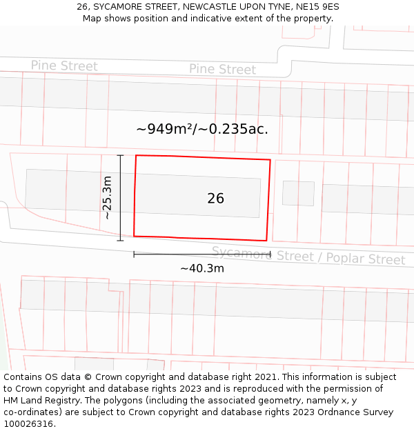 26, SYCAMORE STREET, NEWCASTLE UPON TYNE, NE15 9ES: Plot and title map