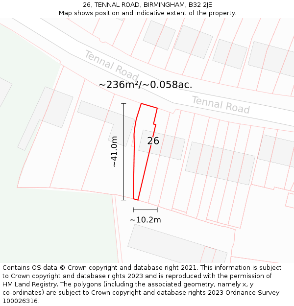 26, TENNAL ROAD, BIRMINGHAM, B32 2JE: Plot and title map