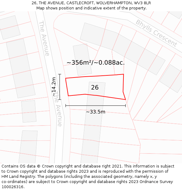 26, THE AVENUE, CASTLECROFT, WOLVERHAMPTON, WV3 8LR: Plot and title map