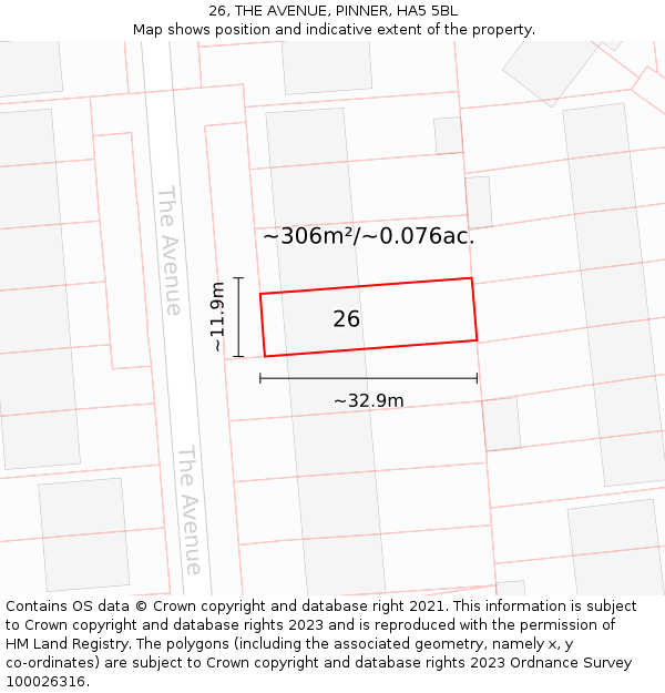 26, THE AVENUE, PINNER, HA5 5BL: Plot and title map