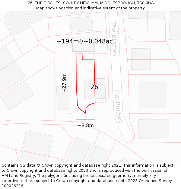 26, THE BIRCHES, COULBY NEWHAM, MIDDLESBROUGH, TS8 0UA: Plot and title map