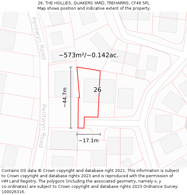26, THE HOLLIES, QUAKERS YARD, TREHARRIS, CF46 5PL: Plot and title map