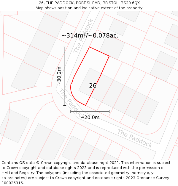 26, THE PADDOCK, PORTISHEAD, BRISTOL, BS20 6QX: Plot and title map