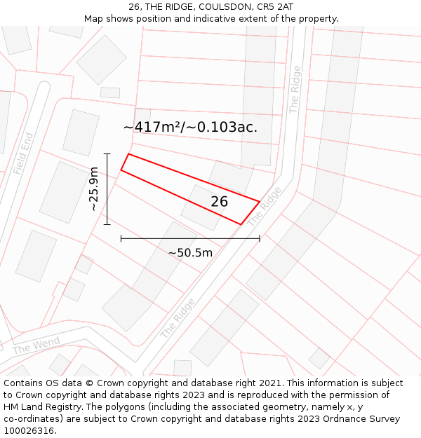 26, THE RIDGE, COULSDON, CR5 2AT: Plot and title map