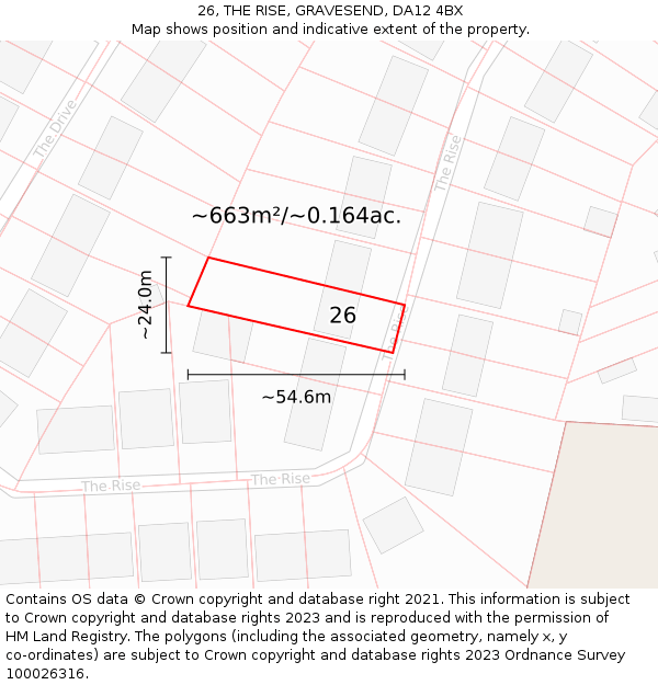 26, THE RISE, GRAVESEND, DA12 4BX: Plot and title map