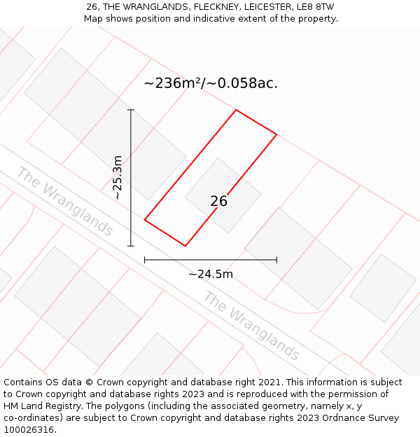 26, THE WRANGLANDS, FLECKNEY, LEICESTER, LE8 8TW: Plot and title map