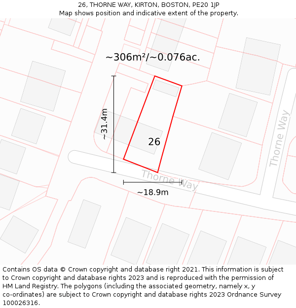 26, THORNE WAY, KIRTON, BOSTON, PE20 1JP: Plot and title map