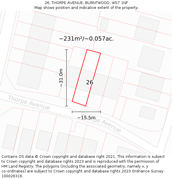 26, THORPE AVENUE, BURNTWOOD, WS7 1NF: Plot and title map