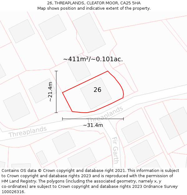 26, THREAPLANDS, CLEATOR MOOR, CA25 5HA: Plot and title map