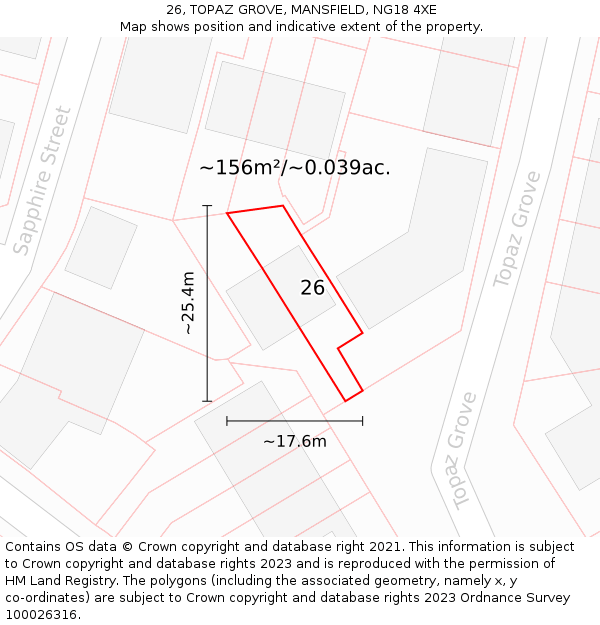 26, TOPAZ GROVE, MANSFIELD, NG18 4XE: Plot and title map