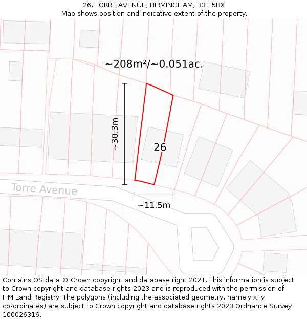 26, TORRE AVENUE, BIRMINGHAM, B31 5BX: Plot and title map