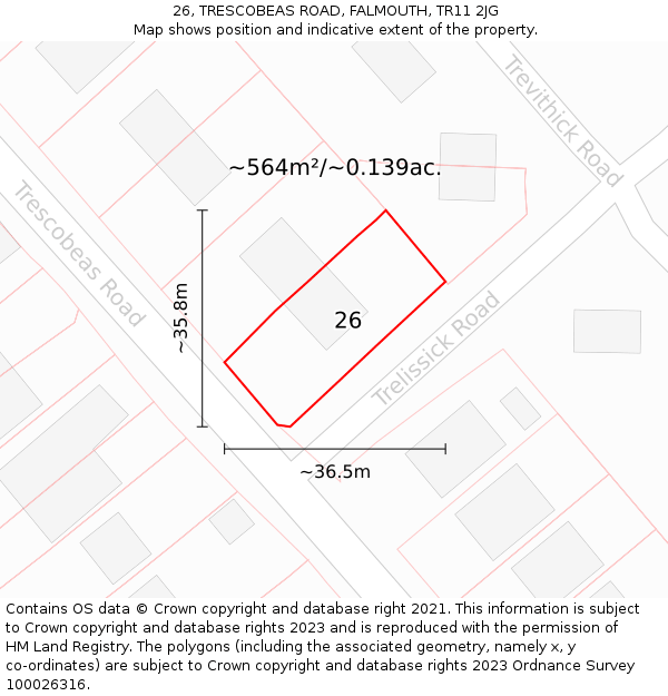 26, TRESCOBEAS ROAD, FALMOUTH, TR11 2JG: Plot and title map