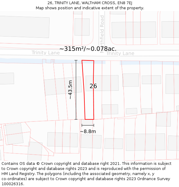 26, TRINITY LANE, WALTHAM CROSS, EN8 7EJ: Plot and title map