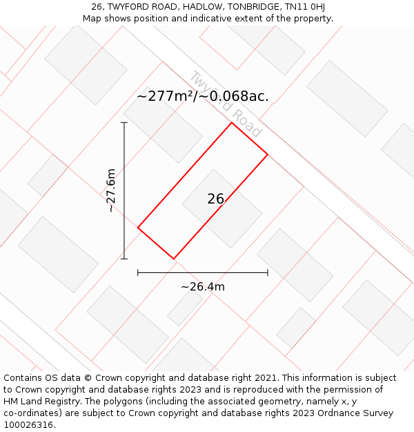 26, TWYFORD ROAD, HADLOW, TONBRIDGE, TN11 0HJ: Plot and title map