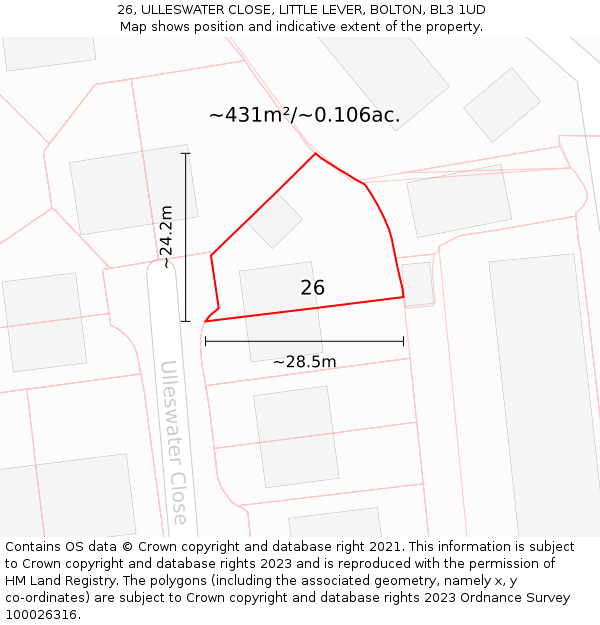 26, ULLESWATER CLOSE, LITTLE LEVER, BOLTON, BL3 1UD: Plot and title map